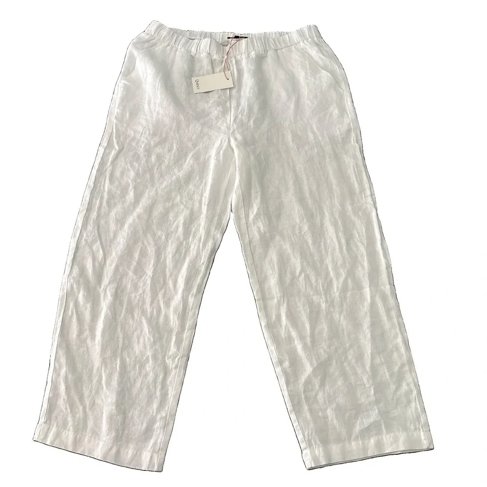 NEW Quince 100% European Linen Pants White L Elastic Waist Womens pull on